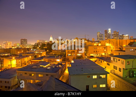 Panoramic High Dynamic Range Stitch Los Angeles Downtown And Chinatown Night Time Skyline Stock Photo