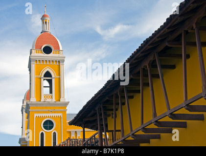 Colonial Granada architecture the Cathedral bell tower and Hotel La Gran Francia facade Stock Photo