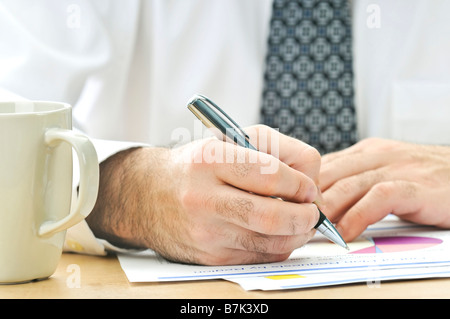 Office worker reviewing generic presentation charts and reports Stock Photo