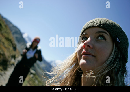 Young girls (19) hiking in front of Mont Blanc, Chamonix, France Stock Photo