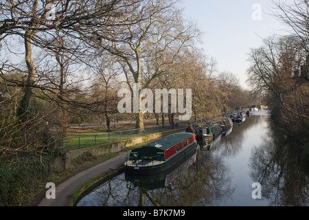Narrow boats on the Hertford Union Canal by Victoria Park East London GB UK Stock Photo