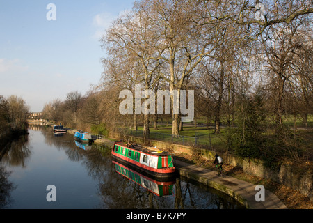 Narrow boats on the Hertford Union Canal by Victoria Park East London GB UK Stock Photo
