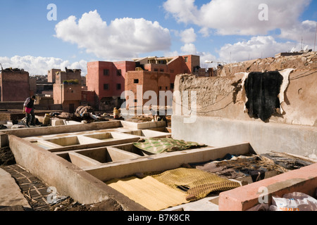 Marrakech Morocco North Africa  Vats and leather hides in one of traditional old Tanneries in Marrakech Medina Stock Photo