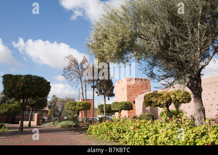 Marrakech Morocco North Africa  Park gardens at Bab Larissa city entrance gate inside the Medina walls Stock Photo