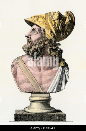 Bust of Menelaus, husband of Helen and king of ancient Sparta. Hand-colored woodcut Stock Photo