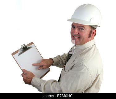 A construction supervisor happy pointing out a good report isolated Stock Photo