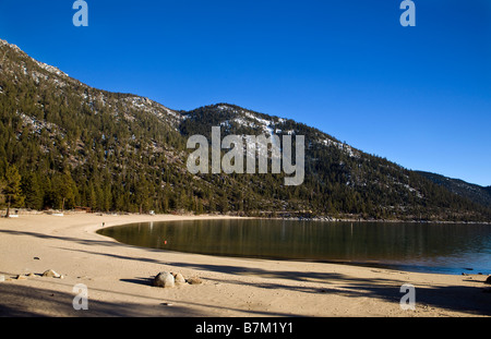 Sandy beaches line Sand Harbor Lake Tahoe State Park Lake Tahoe Nevada Stock Photo