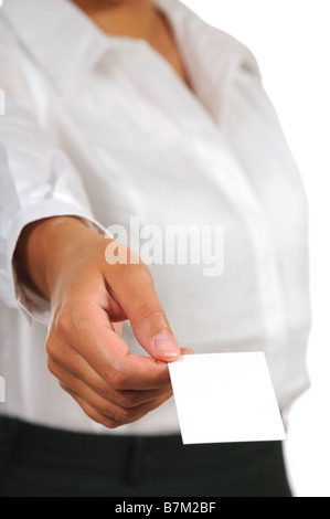 Businesswoman holding empty business card Isolated on white Stock Photo