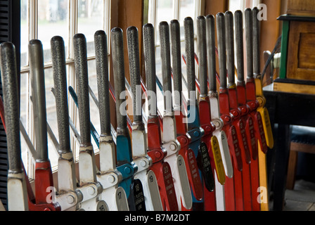 Levers and controls in Weybourne signal box on The North Norfolk Railway, England, UK. Stock Photo