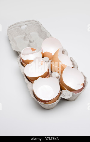 Broken eggshells in an eggbox Stock Photo