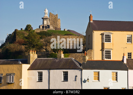 Colourful Houses and the Welsh National Memorial to Prince Albert Castle Hill, Tenby, Pembrokeshire, West Wales. UK Stock Photo