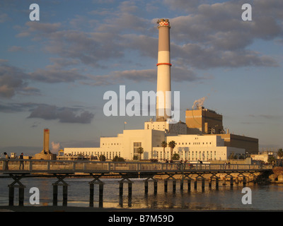 A bridge over the Yarkon or Yarqon river near Reading power station supplying electrical power to the Tel Aviv district in Israel Stock Photo