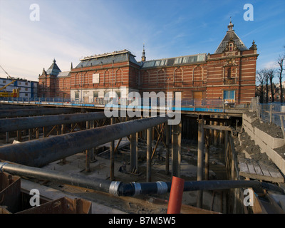 Amsterdam Stedelijk Museum construction site with 10 meter deep pit right next to the building for underground expansion Stock Photo