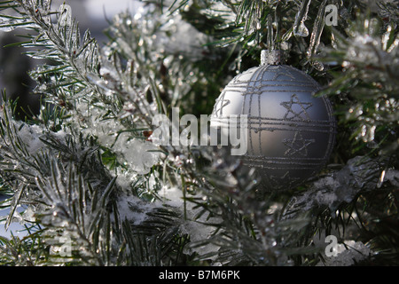 Frosty Christmas silver ball hanging on a frozen branch of a tree outside in Winter nature nobody closeup from front horizontal hi-res Stock Photo