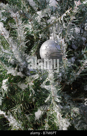 Frosty Christmas silver ball hanging on a frozen branch of a tree outside in Winter nobody closeup close up from front vertical hi-res Stock Photo