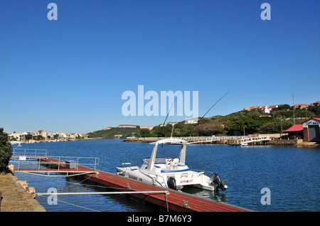 Motorboat moored at the marina on the Kowie River, Port Alfred, South Africa Stock Photo