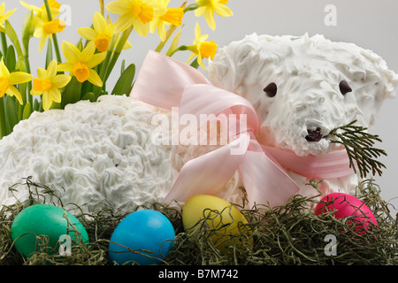 The Easter Holiday a traditional sweet lamb cake with the colored eggs pictures images photos large high resolution horizontal in USA US hi-res Stock Photo