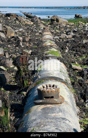 Raw sewage outfall pipe on rocky beach going into the sea, including vent in foreground with toilet paper stuck to it. Stock Photo