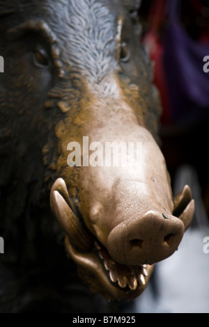 A brass boar called the Porcellino in the Mercato Nuova, aka the Straw Market, where people rub the nose for luck, Florence, Italy Stock Photo