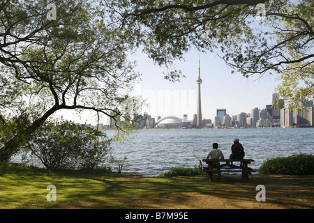 CN Tower & Downtown seen from Toronto Islands, Toronto, Ontario, Canada Stock Photo