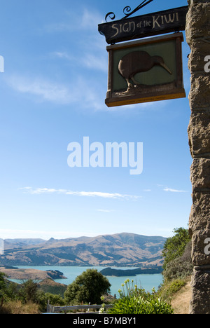 Lyttelton Harbour view, Sign of the Kiwi, Port Hills, Christchurch, Canterbury, New Zealand Stock Photo