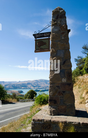 Lyttelton Harbour view, Sign of the Kiwi, Port Hills, Christchurch, Canterbury, New Zealand Stock Photo