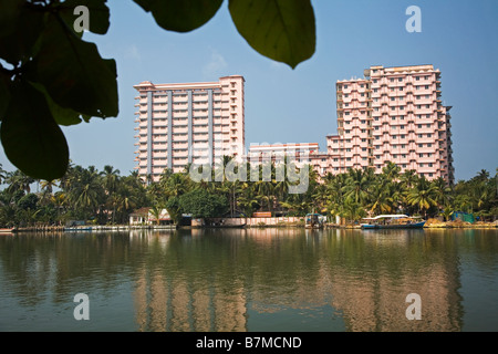 View of the Mata Amritanandamayi Mission highrise buildings in the Kerala Backwaters India Stock Photo