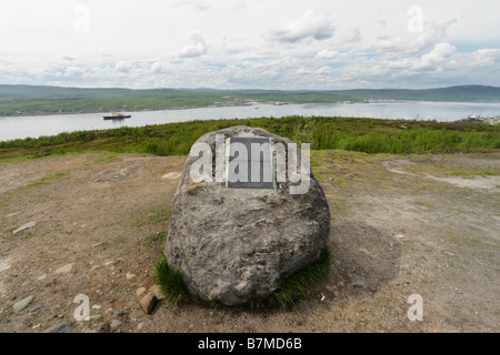 Founding stone of the Monument in Memory of the Northern Convoys. Murmansk, Russia. Stock Photo