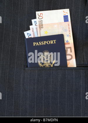 American passport with euros in business suit pocket Stock Photo