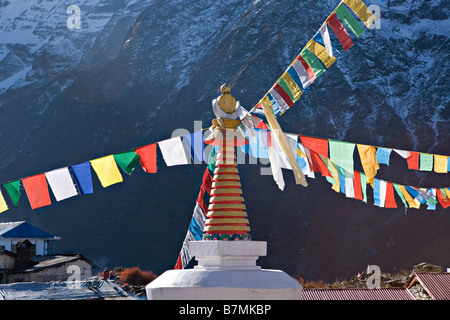 Prayer flags at Tengboche buddhist monastery in Solukhumbu District in the Sagarmatha Zone of north eastern Nepal Stock Photo