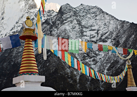 Prayer flags at Tengboche buddhist monastery in Solukhumbu District in the Sagarmatha Zone of north eastern Nepal Stock Photo