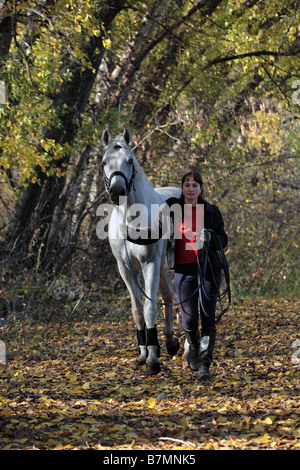 Young woman walking by white arabian horse. Junge Frau mit Araber Vollblutpferd/ Maedchen und Pferde Araber Posing Model Mensch Stock Photo