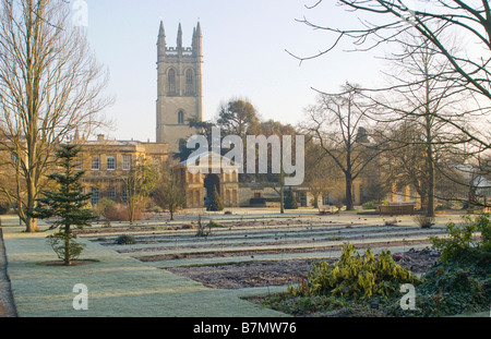 Winter in the Botanic Garden with Magdalen College Tower behind, Oxford Stock Photo