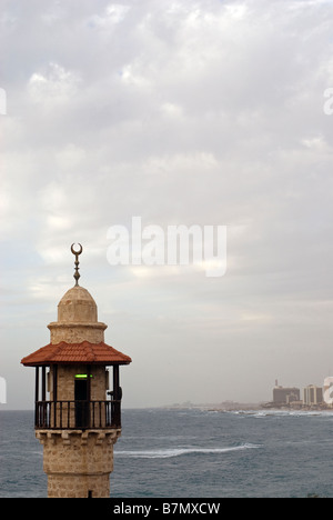 Minaret of al-Bahr Mosque or Masjid al-Bahrin the oldest extant mosque situated near the harbour in old Jaffa Israel Stock Photo