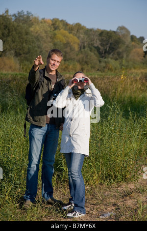 Young Couple Bird Watching Tartu County Estonia Stock Photo