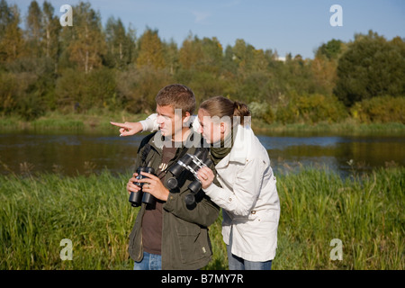Young Couple Bird Watching Tartu County Estonia Stock Photo