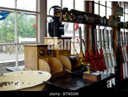 The levers and controls in Weybourne signal box on the North Norfolk Railway also know as 'The Poppy Line'. Norfolk, England, UK Stock Photo