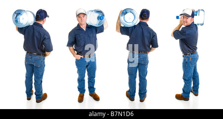 Handsome water delivery man carrying five gallon jug of water over his shoulder Four full body views isolated on white Stock Photo