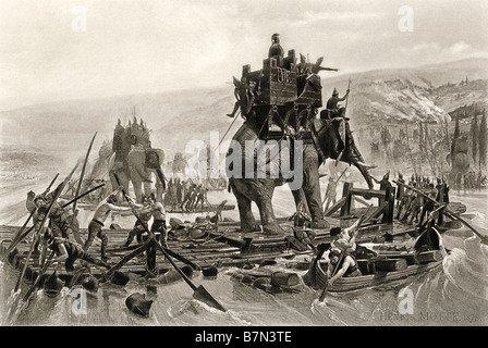Hannibal's army crossing the Rhone in Gaul to attack Rome by way of the Alps 218 BC. Photogravure reproduction of an illustration Stock Photo