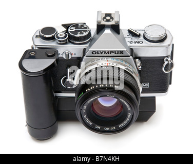 Olympus OM2n single lens reflex 35mm camera with 50mm f1 8 Zuiko lens and motor drive winder Stock Photo