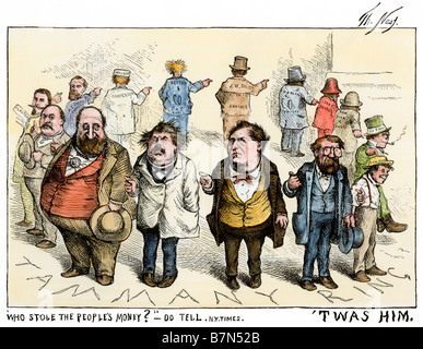 'Who stole the people's money?  'Twas him.' Thomas Nast cartoon about Tammany Hall corruption, 1871.  Hand-colored woodcut Stock Photo