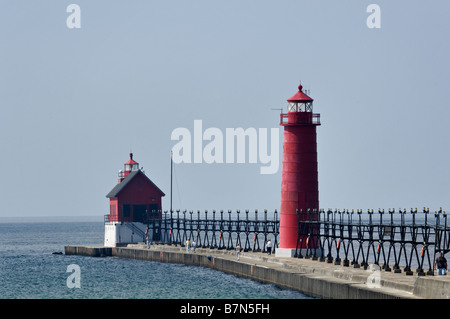 Grand Haven South Pier and Pierhead Inner Lighthouses on Lake Michigan in Grand Haven Michigan Stock Photo