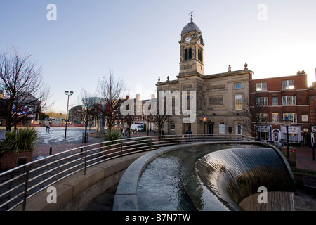 The Iconic Derby Waterfall feature and Guildhall building in the Market Square, Derby. Stock Photo