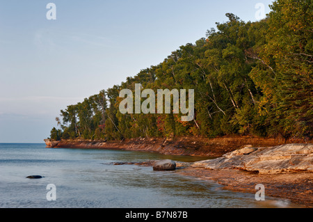 View of Rugged Lake Superior Shoreline from Miners Beach in Pictured Rocks National Lakeshore in Alger County Michigan Stock Photo