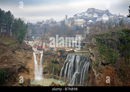 Bosnia and Herzegovina medieval castle and old town of Jajce Works on preserving the waterfalls Stock Photo