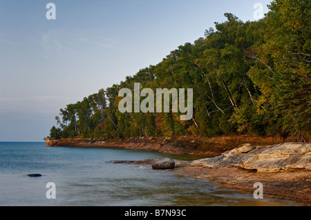 View of Rugged Lake Superior Shoreline from Miners Beach in Pictured Rocks National Lakeshore in Alger County Michigan Stock Photo