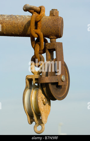rusty Metal  Rope Pulleys cable pulley Stock Photo