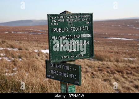 Cast iron Public footpath signs to Wildboarclough, Cat and Fiddle and Three Shires Head, Derbyshire Stock Photo