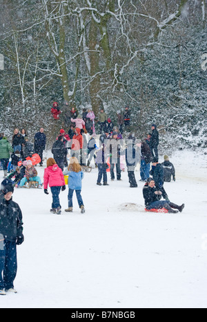 People Playing In The Snow in Reigate Priory Park Surrey UK Winter Stock Photo