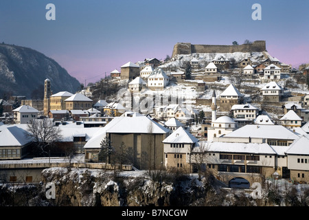 Bosnia and Herzegovina medieval castle and old town of Jajce in winter Stock Photo